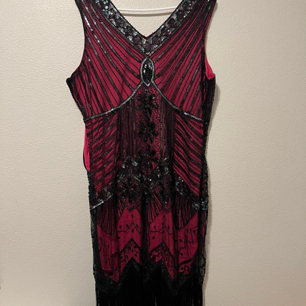 FUNDAISY Vintage Dress Gatsby Style 1920s Flapper Fringe Size 2X Red Beaded